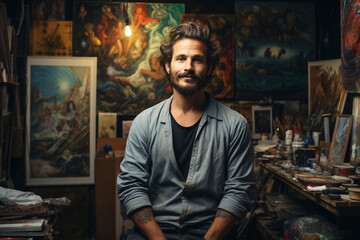 Fototapeta premium A guy takes a selfie in an art studio, surrounded by his own creations, showcasing the fusion of personal expression and artistic environment.
