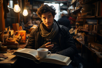 Fototapeta premium In a coffee shop filled with books and cozy aesthetics, a guy takes a selfie, combining the warmth of the environment with his personal style.