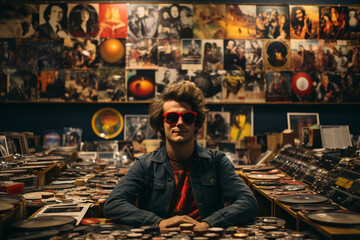Amidst an array of vintage vinyl records, a guy takes a selfie, merging his image with the classic charm of music nostalgia in a visually appealing frame.