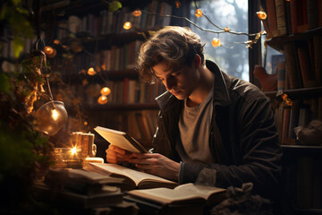 Obraz premium In a coffee shop filled with books and cozy aesthetics, a guy takes a selfie, combining the warmth of the environment with his personal style.