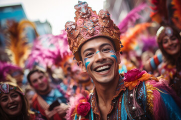 A guy takes a selfie during a vibrant street parade, surrounded by colorful floats, costumes, and lively festivities, capturing the energy of the moment.