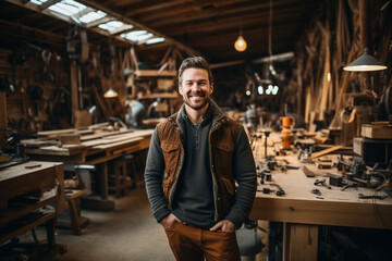 In a woodworking studio, a guy takes a selfie surrounded by handcrafted pieces, sawdust, and tools, showcasing the artisanal nature of his craft.