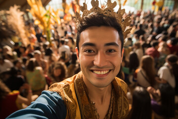 Obraz premium A guy takes a selfie at a cultural festival, immersed in diverse performances, traditional costumes, and vibrant cultural displays, showcasing the richness of the event.
