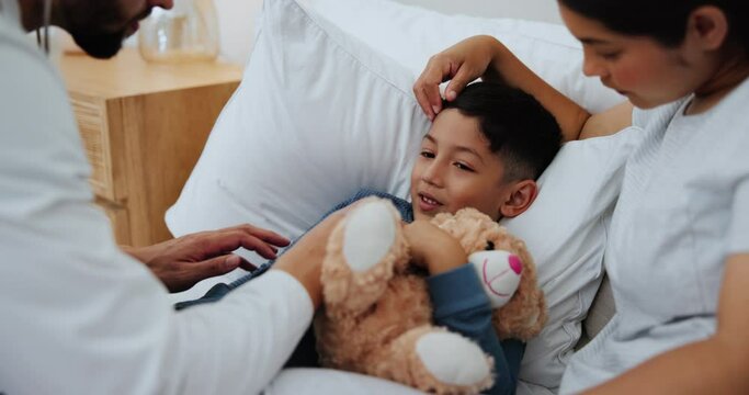 Mom, sick boy in bed with doctor for cold or flu, homecare and comfort with woman and kid. Illness, fever and child in bedroom with mother, healthcare professional and stethoscope for home visit.