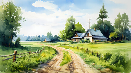 Vector watercolor rural house on a green summer day, A quaint house beside a winding dirt road, with lush greenery and trees under a clear sky