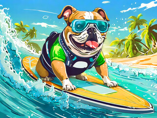 サーフィンを楽しむ犬のイラスト