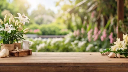Tuinposter empty wooden table for product display with lily garden background © adynue