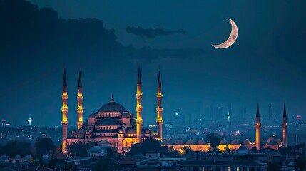 Crescent Moon Over Illuminated Mosque