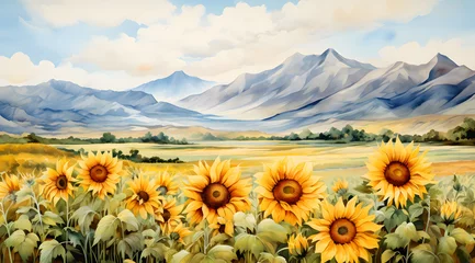 Cercles muraux Montagnes Panorama landscape of a sunflower field in full bloom, stretching towards the foot of snow-capped mountains. The vibrant yellow flowers art
