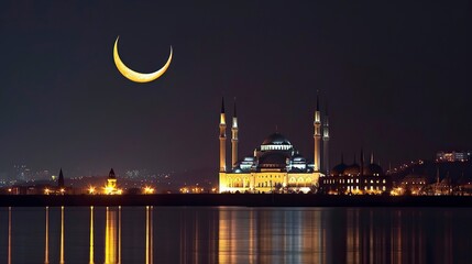 Fototapeta premium Crescent Moon Over Illuminated Mosque