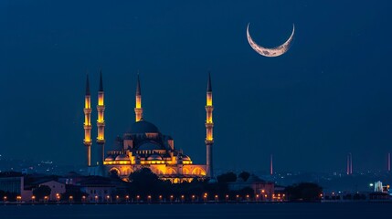 Fototapeta na wymiar Crescent Moon Over Illuminated Mosque