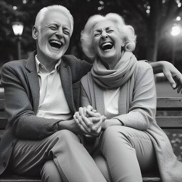 A Black and White Photo of a Mature Old Elderly Senior Woman and Man Couple Relaxing, Laughing & Laughing Outdoor Really Hard in the Park Happy Lifestyle Living Retirement Together Smiling Love Nature