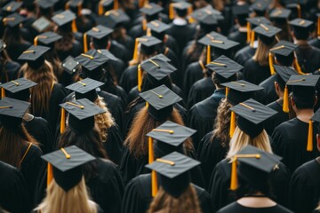 Congratulation and Graduates Concept: Top and close-up view of student audience wearing gown and mortarboard hats during their graduation ceremony... 