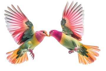 Beautiful Two Pink And Green Dove Flying Face To Face On Transparent Background
