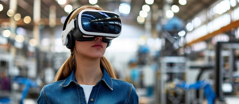 Female employee in VR headset showcasing virtual product in contemporary factory setting.