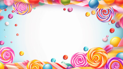 candy shop frame template background with set of different colors of colorful sweet snacks on white