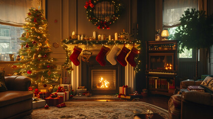 Obraz premium fireplace with christmas tree and decorations