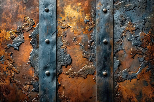 old rusty metal door with metal straps and rivets, generative ai