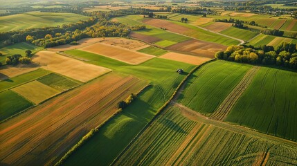 Aerial View of Patchwork Farmland at Sunset