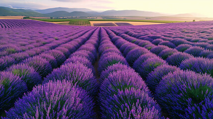 Fototapeta premium Sunset Over Lavender Fields in Bloom