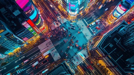 Bustling City Intersection at Night from Above - obrazy, fototapety, plakaty