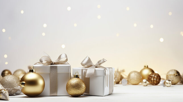 christmas composition with white and gold gift box on a white background