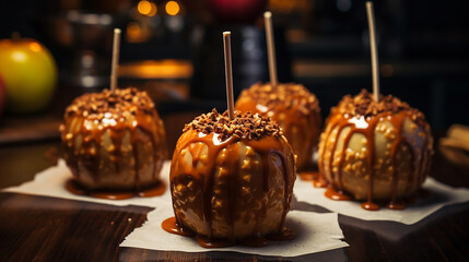 dipped homemade caramel apples on wax paper in the kitchen