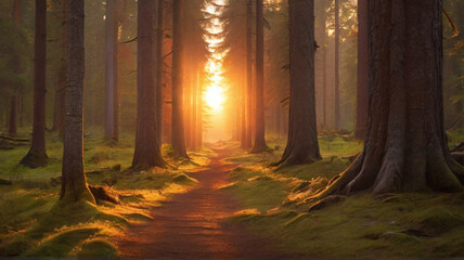 A forest path with the sun shining on it