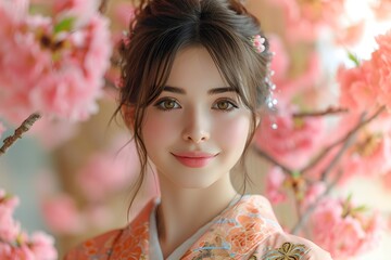 桜を背景に着物を着た女性のポートレート