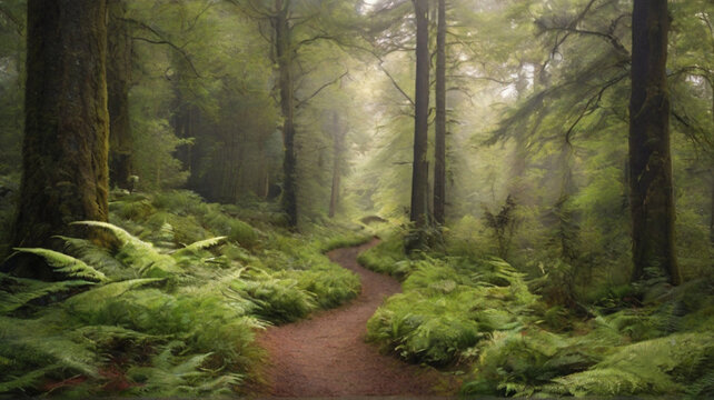 A path through the forest with ferns and ferns.