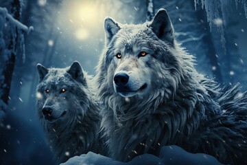 Wolves in a snowy forest at night