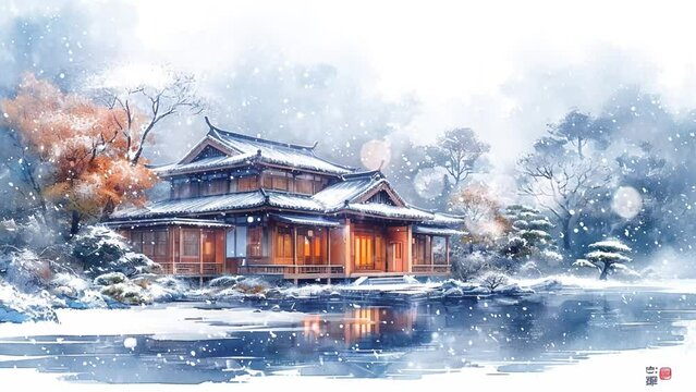 traditional house in winter.  watercolor painting  illustration style. seamless looping 4k time-lapse virtual video animation background