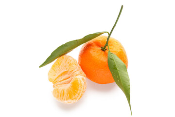 Fresh tangerines with green leaves on white background