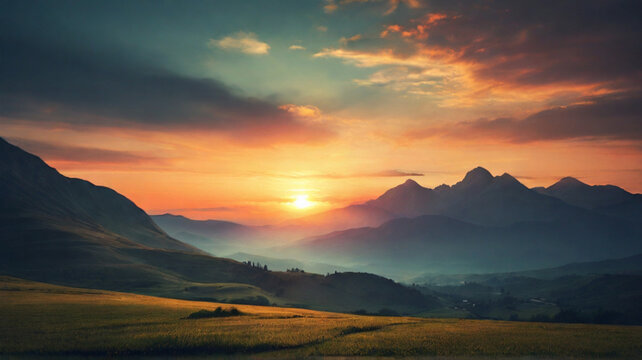 Colorful Sunrise over the Mountains with Vintage Filter Panoramic View of Majestic Dawn generate ai