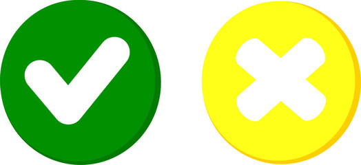 Tick and cross signs. Green checkmark and yellow  X icons isolated on white background. Replaceable vector design. Vector illustration.