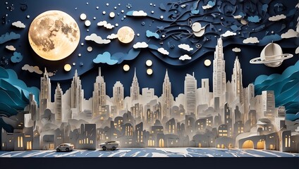 Arte de papel, maqueta de ciudad con rascacielos, ciudades del mundo - obrazy, fototapety, plakaty