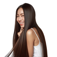 Naklejka premium Beautiful asian model young woman posing with shiny brown and straight long hair, Keratin straightening, Treatment, care and spa procedures, Smooth hairstyle, isolated on white background, png