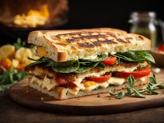 Veggie cheese toasted Sandwich, cinematic food photography, studio lighting and background