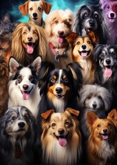 Photorealistic group of different dog breeds staring into the camera, nostalgic illustration style.