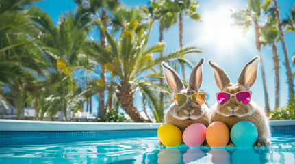 Playful Easter scene with two bunnies wearing sunglasses, colorful eggs by the pool