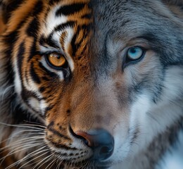 close up portrait of a tiger and wolf faces