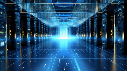 High-Performance Data Center Infrastructure: Futuristic Server Rack Technology with Glowing Network Connectivity