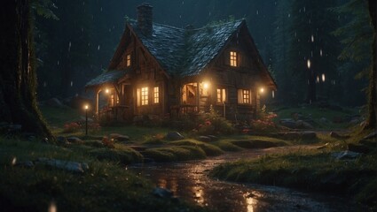 house in the forest in the middle of a rainy night, natural lighting. 