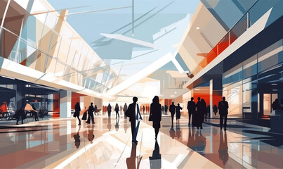 Blurred Rush: Urban Hall Silhouette - A modern, bustling airport corridor filled with a blurred crowd of people walking towards the entrance. The interior of the building features a sleek, futuristic