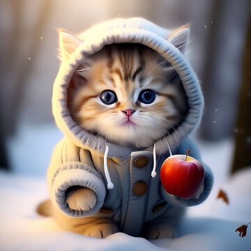 A super cute baby cat in winter clothes holding a apple.Generated by AI