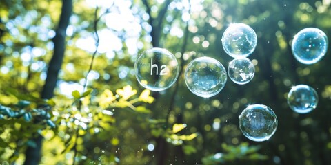 transparent bubbles floating over a forest "h2" written inside the bubble