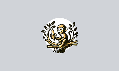 monkey eat banana on tree vector logo design