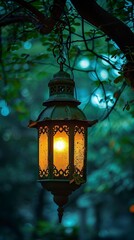 Fototapeta na wymiar Elegant Lantern Casting Warm Light on Emerald Nights