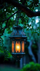 Elegant Lantern Casting Warm Light on Emerald Nights