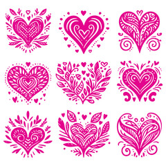 Set of hand-drawn hearts - decorative hearts, ornamental valentine heart - vector